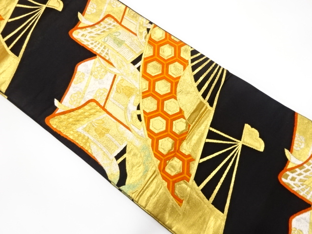 JAPANESE KIMONO / ANTIQUE FUKURO OBI / SILK / WOVEN FAN & CARRIAGE